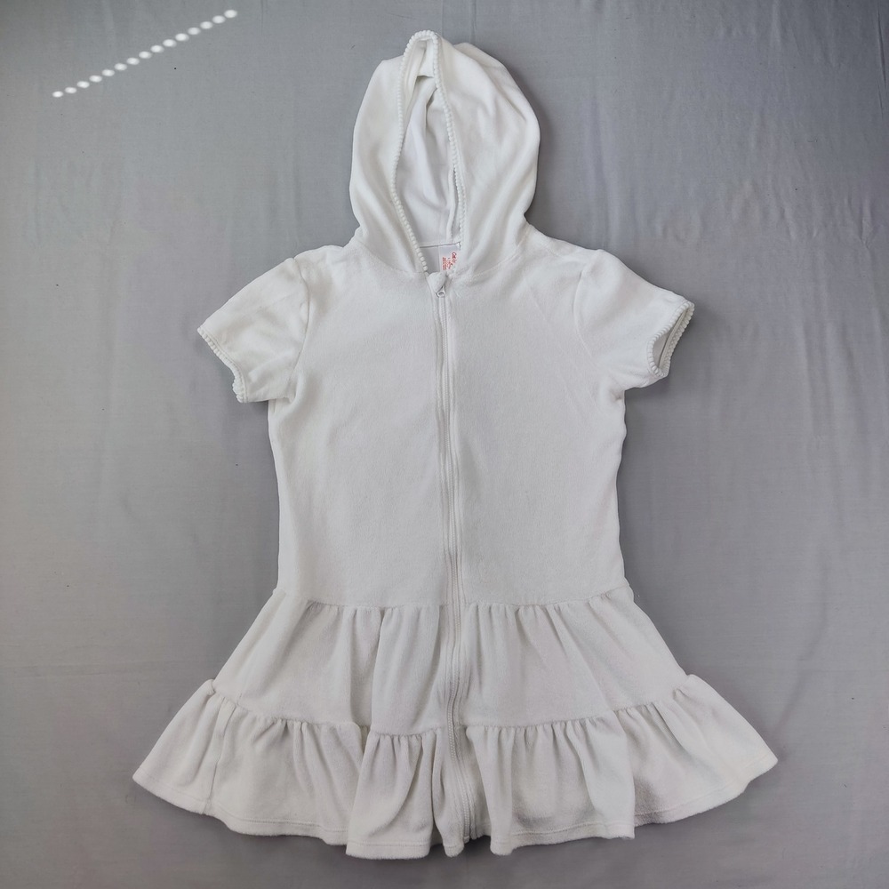 Cat & Jack Swim Cover Up Girls L 10/12 White Terry Cloth Hooded Zip Ruffle Dress
